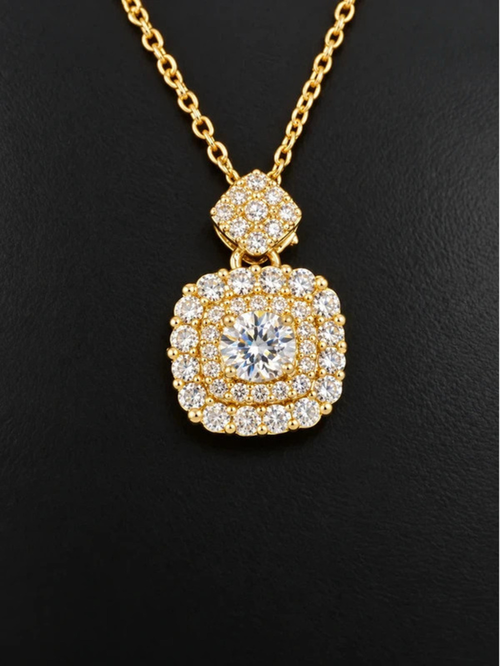 #859 Gold Tone Sparkling Cushion Halo Pendant Necklace – Clear Stones - Picture 3 of 3
